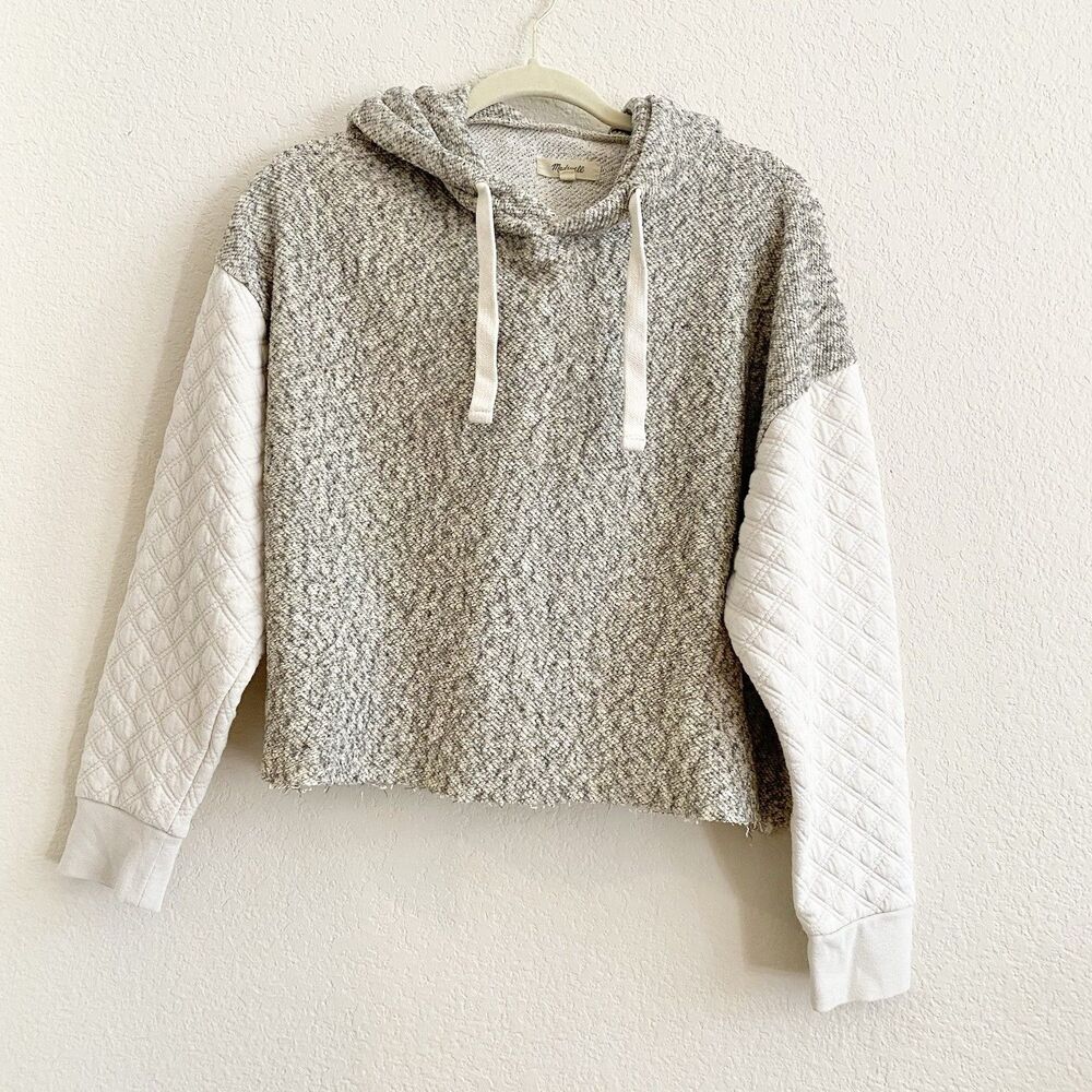 Madewell Quilted Sleeve‎ Hoodie Sweatshirt Top Size S Ivory Gray Frayed Hem